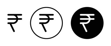 Hint rupi ikonu seti. Para birimi para sikkesi tasarım vektör sembolü siyah doldurulmuş ve ana hatlarıyla çizilmiş. Hint Para Birimi Ödeme Değeri İşareti.