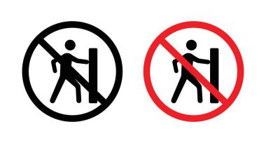 İşaret simgesi setine basma. Kırmızı Uyarı Çemberi, davranış vektör sembolünü siyah doldurulmuş ve ana hatlarıyla çizilmiş şekilde itmeye karşı. İtmeye izin yok ve güvenlik önlemi işareti.