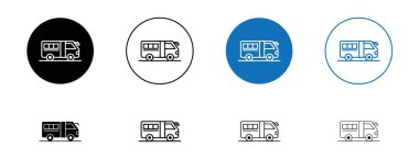 Otobüs koçu Icon Set. Koç mekik yan vektör sembolü siyah doldurulmuş ve ana hatlarıyla çizilmiş. Yolculuk İşareti Başla.
