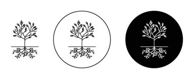 Kökleri ve Yaprak Simgesi Ayarlı Ağaç. Kök yaprağı ve botanik vektör sembolü siyah doldurulmuş ve ana hatlarıyla çizilmiş. Dünyanın Bağlantı İşareti.