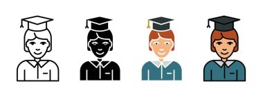 Öğrenci Kız simgesi seti. Kadın vektör sembolü. Okul öğrencisiyim..