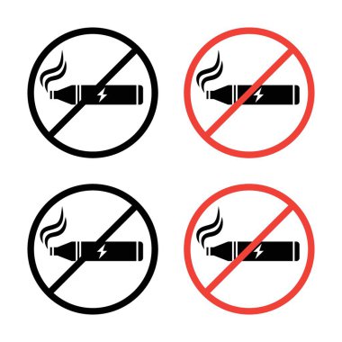 Vaping Simgesi Seti yok. Siyah doldurulmuş ve ana hatlarıyla belirtilmiş bir şekilde tütsülenmiş duman vektör sembolü. Dumansız Bölge İşareti.