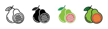 Guava Simgesi Ayarları. Pembe Guava Fruit yiyecek vektör sembolü siyah doldurulmuş ve ana hatlarıyla çizilmiş. Tropikal Guava Lezzetinin İmzası.