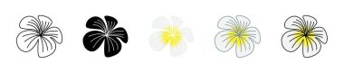 Araliya Çiçek Simgesi Seti. Flower Plumeria Frangipani Egzotik Vektör Sembolü Siyah Dolu ve Özet Tarzı. Tropik Esans İmzası.