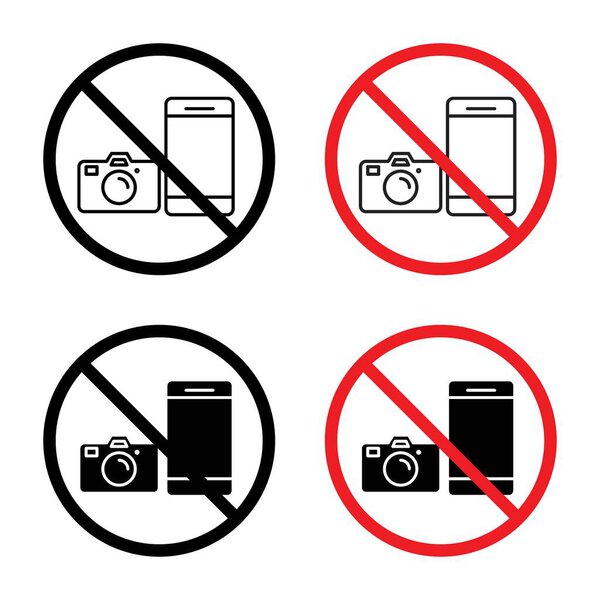 Photo and Phone Forbidden Sign Icon Set. Camera and mobile phone prohibition vector symbol in a black filled and outlined style. Capture and Call Ban Sign.