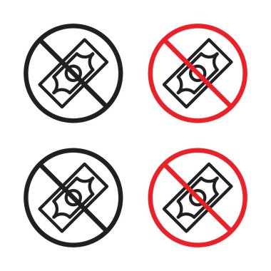 Para İşareti Simgesi Seti Yok. İflas Ödemesi Nakit Yok ve finansman kısıtlama vektör sembolü siyah doldurulmuş ve ana hatlarıyla belirtilmiş. Para Birimi İnkar İmzası.