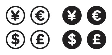Para simgesi ayarlandı. Dolar, euro, Japon Yen ve pound sikke vektör sembolü. para birimi dönüştürme işareti.