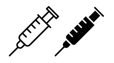 Şırınga Simgesi Ayarlandı. İğne aşı vektör sembolünü siyah doldurulmuş ve çizilmiş şekilde enjekte et. Hassasiyet Tozu İşareti.