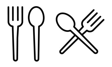 Spoon ve Fork Icon Set. Sofra takımı yemek vektör sembolü siyah doldurulmuş ve ana hatlarıyla çizilmiş. Mutfak Gerekli İmza.