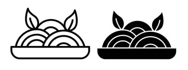 Spagetti Pasta İkon Seti. Makarna kasesi yemek vektör sembolü siyah doldurulmuş ve ana hatlarıyla çizilmiş. Gurme Erişte Domates İmzası.