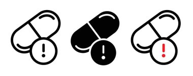 Aşırı doz Simgesi Ayarlandı. İlaç uyarı vektör sembolü siyah doldurulmuş ve ana hatlarıyla çizilmiş. Uyarı Uyarısı İmzası.