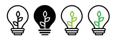 Yaprak Simgesi Ayarlı Ampul. Yeşil Çevre Enerjisi vektör sembolü siyah doldurulmuş ve ana hatlarıyla çizilmiş. Sürdürülebilir Parlak Ampul Yankı Fikirleri İmzası.