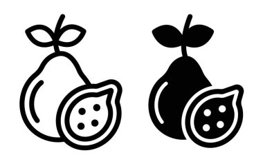 Guava Simgesi Ayarları. Pembe Guava Fruit yiyecek vektör sembolü siyah doldurulmuş ve ana hatlarıyla çizilmiş. Tropikal Guava Lezzetinin İmzası.