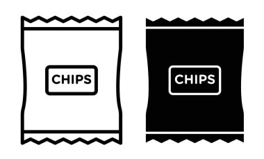 Cips paket simgesi seti. Atıştırmalık patates cipsi vektör sembolü. Tuzlu cips plastik torba piktogramı. kese kağıdı ana hatları simgesi.