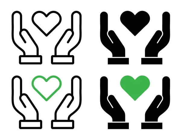 Kalp ve el ikonu hazır. Sevgi ve destek tasviri kalp el ve bakım vektör sembolü ile siyah doldurulmuş ve ana hatlarıyla çizilmiş. Şefkat ve hayırseverlik, yardım ve sevgi işaretleriyle..
