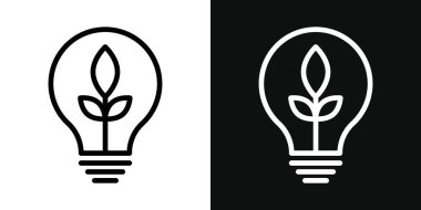 Yaprak Simgesi Ayarlı Ampul. Yeşil Çevre Enerjisi vektör sembolü siyah doldurulmuş ve ana hatlarıyla çizilmiş. Sürdürülebilir Parlak Ampul Yankı Fikirleri İmzası.