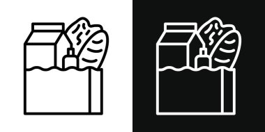 Bakkal ikonu seti. Market sepeti taşıyıcı sembolü siyah doldurulmuş ve ana hatlarıyla çizilmiş. Piyasa Taşıma İşareti.