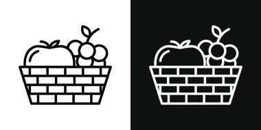 Meyve Sepeti Simgesi Seti. Piknik sepeti taşıyıcı sembolü siyah doldurulmuş ve ana hatlarıyla çizilmiş. Cömert Hasat İşareti.