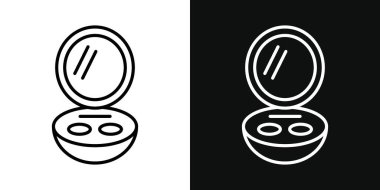 Aynalı ikon setli kozmetik tozu. Kadın güzellik ürün vektör sembolü. Yuvarlak el aynası ve temel işareti.