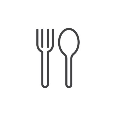 Spoon ve Fork Icon Set. Sofra takımı yemek vektör sembolü siyah doldurulmuş ve ana hatlarıyla çizilmiş. Mutfak Gerekli İmza.