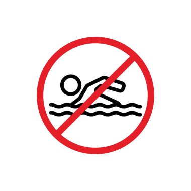 Yüzme İşareti Simgesi Seti Yok. Siyah doldurulmuş ve ana hatlarıyla çizilmiş havuz yüzme ve cankurtaran vektör sembolü yok. Banyo Yasak İşaret.