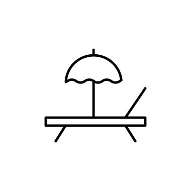 Şemsiye ikonlu plaj sandalyesi. Güneş yatağı ve şemsiyeli resim. Yaz tatili tabelası. Deniz kıyısı soğuk tatil vektör sembolü. Plaj kenarı tatil simgesi.