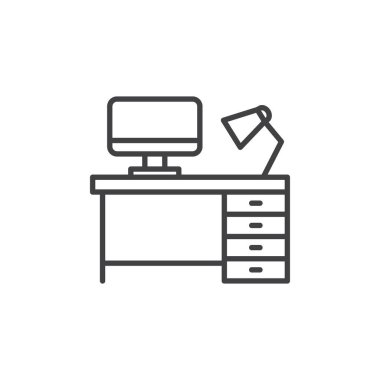 İş yeri Simgesi Ayarlandı. Masa Ofisi Bilgisayar Vektörü Sembolü Siyah Doldurulmuş ve Özetlenmiş Biçimli. Yenilik İşareti Alanı.