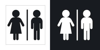 Tuvalet Simgesi Seti. Erkek kadın tuvalet vektör sembolü siyah dolgulu ve ana hatlarıyla çizilmiş. Tuvalet Rehberi İşareti.