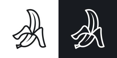 Soyulmuş muz ikonu seti. Maymun Soyucu Muz karikatür vektör sembolü siyah doldurulmuş ve ana hatlarıyla çizilmiş.