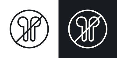 Kulaklık İzin Vermeyen İmza Simgesi Seti. Kulaklıklar müzik yasaklama vektör sembolü siyah doldurulmuş ve ana hatlarıyla çizilmiş. Sessiz Bölge İşareti.