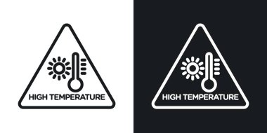 Yüksek sıcaklık uyarı simgesi seti. Yüksek sıcaklık vektör sembolüne maruz kalan bölgeler için siyah doldurulmuş ve ana hatlarıyla çizilmiş bir uyarı. Sıcaklık tehlikesi ve yanık önleme işareti.