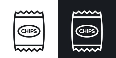 Cips paket simgesi seti. Atıştırmalık patates cipsi vektör sembolü. Tuzlu cips plastik torba piktogramı. kese kağıdı ana hatları simgesi.