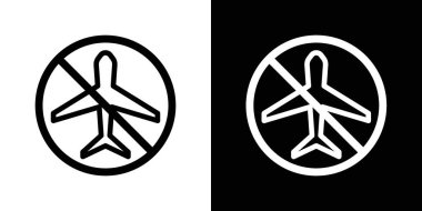 Uçma Simgesi İmzalama Seti. Gökyüzü seyahat kısıtlama vektör sembolü siyah doldurulmuş ve ana hatlarıyla çizilmiş. Hava Sınırlama İşareti.