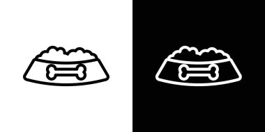 Köpek besleme ikonu seti. Evcil hayvan kasesi ve beslenme vektör sembolü siyah doldurulmuş ve ana hatlarıyla çizilmiş. Beslenme Arkadaşlığı İşareti.