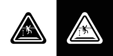 Derin su uyarı simgesi ayarlandı. Derin su ve boğulma tehlikesi olan bölgeler için uyarı siyah doldurulmuş ve ana hatlarıyla çizilmiş vektör sembolü. Su güvenliği ve derinlik uyarısı.