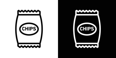 Cips paket simgesi seti. Atıştırmalık patates cipsi vektör sembolü. Tuzlu cips plastik torba piktogramı. kese kağıdı ana hatları simgesi.