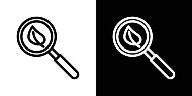 Botanik Simgesi Seti. Doğa büyüteci ve bitki vektör sembolü siyah doldurulmuş ve ana hatlarıyla çizilmiş. Yeşil İşareti Keşfediyor.