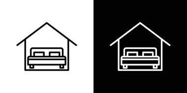 Konaklama Simgesi Ayarlandı. Otel Odası Pansiyon Yatağı taşıyıcı sembolü siyah doldurulmuş ve ana hatlarıyla çizilmiş. Konfor Sığınağı İmzası.