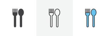 Spoon ve Fork Icon Set. Sofra takımı yemek vektör sembolü siyah doldurulmuş ve ana hatlarıyla çizilmiş. Mutfak Gerekli İmza.