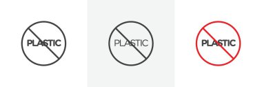 Plastik işaret simgesi yok. Plastik ve atık taşıyıcı sembolü olmayan siyah doldurulmuş ve ana hatlarıyla çizilmiş plastik kullanımına karşı bir tavsiye. Çevre dostu alternatif işaretler için teşvik.