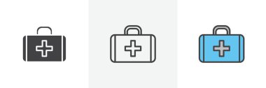 İlk Yardım Kutusu Simgesi Seti. Kit tıbbi çanta vektör sembolü siyah doldurulmuş ve ana hatlarıyla çizilmiş. Acil Yardım İmza.