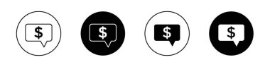 Yorum Dolar simgesi seti. Para pazarlama kabarcık vektör sembolü. Fiyat dolar diyalog işareti siyah dolgulu ve özet biçimli.