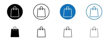 Alışveriş poşeti ikonu seti. Alışveriş merkezinin kağıt torba vektör sembolü. perakende mal plastik çanta pictogram siyah doldurulmuş ve ana hatlı stil.