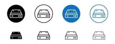 Hard Disk icon set. internal memory drive vector symbol. hdd storage sign. external backup harddrive pictogram. computer portable hardisk hardware icon in black filled and outlined style. clipart