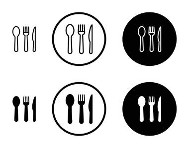 Utensils simgesi seti. kaşık, çatal ve bıçak restoranı yemek çatal bıçak takımı vektör sembolü. Yemek takımı resimli resmi siyah doldurulmuş ve ana hatlarıyla çizilmiş..