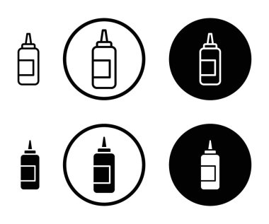 Sos ikonu seti. Domates ketçap şişesi vektör sembolü. Sos sıkma şişe simgesi siyah doldurulmuş ve ana hatlarıyla çizilmiş.