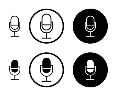 Mikrofon simgesi ayarlandı. Ses konuşması podcast mikrofon sembolü. İnce çizgili mikrofon resmi. ses kaydı simgesi siyah doldurulmuş ve özet biçimli.