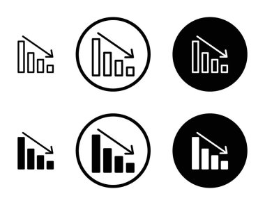 Grafik oku ikon ayarlandı. Aşağıya doğru çizelge vektör sembolünü azalt. Hisse senedi eğilimi grafik aşağı işareti. Negatif ekonomi bar grafiği. Borsa çöküşü simgesi. Siyah dolgulu ve özet biçiminde maliyet veya kar azaltma.