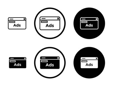 Reklam simgesi ayarlandı. Sosyal medya ppc reklam vektörü sembolü ödedi. Siyah doldurulmuş ve özetlenmiş biçimlerde dijital görüntü veya arama reklamları kampanya işareti.