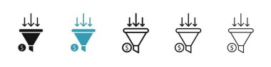 Satış hunisi simgesi seti. Dönüştürme pazarlama huni vektör sembolü. Filtreleme işareti. Siyah doldurulmuş ve özet biçimli kurşun huni simgesi.